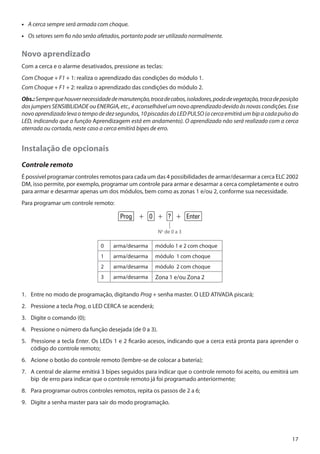 •• A cerca sempre será armada com choque.
•• Os setores sem fio não serão afetados, portanto pode ser utilizado normalmente.

Novo aprendizado
Com a cerca e o alarme desativados, pressione as teclas:
Com Choque + F1 + 1: realiza o aprendizado das condições do módulo 1.
Com Choque + F1 + 2: realiza o aprendizado das condições do módulo 2.
Obs.: Sempre que houver necessidade de manutenção, troca de cabos, isoladores, poda de vegetação, troca de posição
dos jumpers SENSIBILIDADE ou ENERGIA, etc., é aconselhável um novo aprendizado devido às novas condições. Esse
novo aprendizado leva o tempo de dez segundos, 10 piscadas do LED PULSO (a cerca emitirá um bip a cada pulso do
LED, indicando que a função Aprendizagem está em andamento). O aprendizado não será realizado com a cerca
aterrada ou cortada, neste caso a cerca emitirá bipes de erro.

Instalação de opcionais
Controle remoto
É possível programar controles remotos para cada um das 4 possibilidades de armar/desarmar a cerca ELC 2002
DM, isso permite, por exemplo, programar um controle para armar e desarmar a cerca completamente e outro
para armar e desarmar apenas um dos módulos, bem como as zonas 1 e/ou 2, conforme sua necessidade.
Para programar um controle remoto:

Prog + 0 + ? + Enter
No de 0 a 3

0

arma/desarma

módulo 1 e 2 com choque

1

arma/desarma

módulo 1 com choque

2

arma/desarma

módulo 2 com choque

3

arma/desarma

Zona 1 e/ou Zona 2

1. 	 Entre no modo de programação, digitando Prog + senha master. O LED ATIVADA piscará;
2. 	 Pressione a tecla Prog, o LED CERCA se acenderá;
3. 	 Digite o comando (0);
4. 	 Pressione o número da função desejada (de 0 a 3).
5. Pressione a tecla Enter. Os LEDs 1 e 2 ficarão acesos, indicando que a cerca está pronta para aprender o
código do controle remoto;
6. 	 Acione o botão do controle remoto (lembre-se de colocar a bateria);
7. 	 A central de alarme emitirá 3 bipes seguidos para indicar que o controle remoto foi aceito, ou emitirá um
bip de erro para indicar que o controle remoto já foi programado anteriormente;
8. 	 Para programar outros controles remotos, repita os passos de 2 a 6;
9. 	 Digite a senha master para sair do modo programação.

17

 