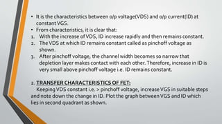 • It is the characteristics between o/p voltage(VDS) and o/p current(ID) at
constantVGS.
• From characteristics, it is clear that:
1. With the increase ofVDS, ID increase rapidly and then remains constant.
2. TheVDS at which ID remains constant called as pinchoff voltage as
shown.
3. After pinchoff voltage, the channel width becomes so narrow that
depletion layer makes contact with each other.Therefore, increase in ID is
very small above pinchoff voltage i.e. ID remains constant.
2. TRANSFER CHARACTERISTICS OF FET:
KeepingVDS constant i.e. > pinchoff voltage, increaseVGS in suitable steps
and note down the change in ID. Plot the graph betweenVGS and ID which
lies in second quadrant as shown.
 