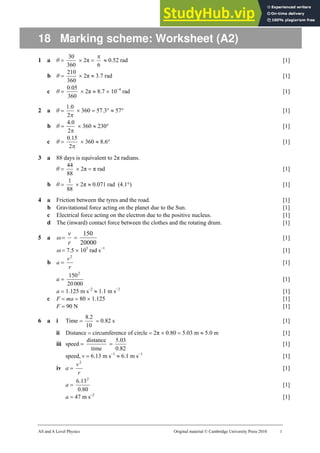 AS and A Level Physics Original material © Cambridge University Press 2010 1
18 Marking scheme: Worksheet (A2)
1 a θ =
360
30
× 2π =
6
π
≈ 0.52 rad [1]
b θ =
360
210
× 2π ≈ 3.7 rad [1]
c θ =
360
05
.
0
× 2π ≈ 8.7 × 10−4
rad [1]
2 a θ =
π
2
0
.
1
× 360 = 57.3° ≈ 57° [1]
b θ =
π
2
0
.
4
× 360 ≈ 230° [1]
c θ =
π
2
15
.
0
× 360 ≈ 8.6° [1]
3 a 88 days is equivalent to 2π radians.
θ =
88
44
× 2π = π rad [1]
b θ =
88
1
× 2π ≈ 0.071 rad (4.1°) [1]
4 a Friction between the tyres and the road. [1]
b Gravitational force acting on the planet due to the Sun. [1]
c Electrical force acting on the electron due to the positive nucleus. [1]
d The (inward) contact force between the clothes and the rotating drum. [1]
5 a ω =
r
v
=
20000
150
[1]
ω = 7.5 × 105
rad s−1
[1]
b a =
r
v2
[1]
a =
000
20
1502
[1]
a = 1.125 m s–2
≈ 1.1 m s−2
[1]
c F = ma = 80 × 1.125 [1]
F = 90 N [1]
6 a i Time =
10
2
.
8
= 0.82 s [1]
ii Distance = circumference of circle = 2π × 0.80 = 5.03 m ≈ 5.0 m [1]
iii speed =
time
distance
=
82
.
0
03
.
5
[1]
speed, v = 6.13 m s−1
≈ 6.1 m s−1
[1]
iv a =
r
v2
[1]
a =
80
.
0
13
.
6 2
[1]
a = 47 m s–2
[1]
 