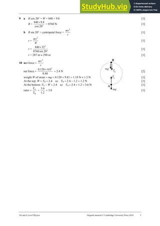 18 Marking scheme: Worksheet (A2)
AS and A Level Physics Original material © Cambridge University Press 2010 3
9 a R cos 20° = W = 840 × 9.8 [1]
R =
°
×
20
cos
8
.
9
840
= 8760 N [1]
b R sin 20° = centripetal force =
r
mv2
[1]
r =
R
mv2
[1]
r =
°
×
20
sin
8760
32
840 2
[1]
r = 287 m ≈ 290 m [1]
10 net force =
r
mv2
net force =
80
.
0
0
.
4
120
.
0 2
×
= 2.4 N [2]
weight W of stone = mg = 0.120 × 9.81 = 1.18 N ≈ 1.2 N [1]
At the top: W + TB = 2.4 so TB = 2.4 − 1.2 = 1.2 N [1]
At the bottom: TA − W = 2.4 so TA = 2.4 + 1.2 = 3.6 N [1]
ratio =
B
A
T
T
=
2
.
1
6
.
3
= 3.0 [1]
 