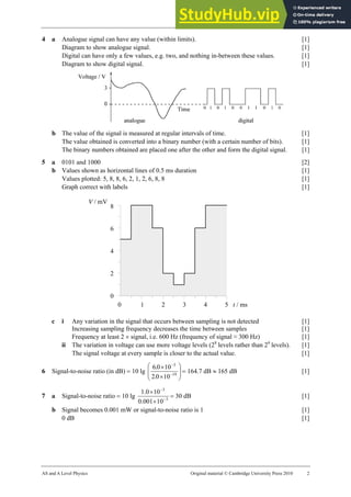 33 Marking scheme: Worksheet (A2)
AS and A Level Physics Original material © Cambridge University Press 2010 2
4 a Analogue signal can have any value (within limits). [1]
Diagram to show analogue signal. [1]
Digital can have only a few values, e.g. two, and nothing in-between these values. [1]
Diagram to show digital signal. [1]
b The value of the signal is measured at regular intervals of time. [1]
The value obtained is converted into a binary number (with a certain number of bits). [1]
The binary numbers obtained are placed one after the other and form the digital signal. [1]
5 a 0101 and 1000 [2]
b Values shown as horizontal lines of 0.5 ms duration [1]
Values plotted: 5, 8, 8, 6, 2, 1, 2, 6, 8, 8 [1]
Graph correct with labels [1]
c i Any variation in the signal that occurs between sampling is not detected [1]
Increasing sampling frequency decreases the time between samples [1]
Frequency at least 2 × signal, i.e. 600 Hz (frequency of signal ≈ 300 Hz) [1]
ii The variation in voltage can use more voltage levels (28
levels rather than 24
levels). [1]
The signal voltage at every sample is closer to the actual value. [1]
6 Signal-to-noise ratio (in dB) = 10 lg ⎟
⎟
⎠
⎞
⎜
⎜
⎝
⎛
×
×
−
−
19
3
10
0
2
10
0
6
.
.
= 164.7 dB ≈ 165 dB [1]
7 a Signal-to-noise ratio = 10 lg 3
3
10
0.001
10
1.0
−
−
×
×
= 30 dB [1]
b Signal becomes 0.001 mW or signal-to-noise ratio is 1 [1]
0 dB [1]
8
6
4
2
0
0 1 2 3 4 5 t / ms
V / mV
 