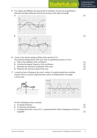 20 Worksheet (A2)
AS and A Level Physics Original material © Cambridge University Press 2010 2
5 Two objects A and B have the same period of oscillation. In each case a and b below,
determine the phase difference between the motions of the objects A and B.
a [2]
b [2]
6 A mass at the end of a spring oscillates with a period of 2.8 s.
The maximum displacement of the mass from its equilibrium position is 16 cm.
a What is the amplitude of the oscillations? [1]
b Calculate the angular frequency of the oscillations. [2]
c Determine the maximum acceleration of the mass. [3]
d Determine the maximum speed of the mass. [2]
7 A small toy boat is floating on the water’s surface. It is gently pushed down and then
released. The toy executes simple harmonic motion. Its displacement–time graph
is shown here.
For this oscillating toy boat, calculate:
a its angular frequency [2]
b its maximum acceleration [3]
c its displacement after a time of 6.7 s, assuming that the effect of damping on the boat is
negligible. [3]
 