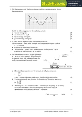 20 Worksheet (A2)
AS and A Level Physics Original material © Cambridge University Press 2010 3
8 The diagram shows the displacement–time graph for a particle executing simple
harmonic motion.
Sketch the following graphs for the oscillating particle:
a velocity–time graph [2]
b acceleration–time graph [2]
c kinetic energy–time graph [2]
d potential energy–time graph. [2]
9 A piston in a car engine executes simple harmonic motion.
The acceleration a of the piston is related to its displacement x by the equation:
a = −6.4 × 105
x
a Calculate the frequency of the motion. [3]
b The piston has a mass of 700 g and a maximum displacement of 8.0 cm.
Calculate the maximum force on the piston. [2]
10 The diagram shows a trolley of mass m attached
to a spring of force constant k. When the trolley
is displaced to one side and then released, the
trolley executes simple harmonic motion.
a Show that the acceleration a of the trolley is given by the expression:
a = x
m
k
⎟
⎠
⎞
⎜
⎝
⎛
−
where x is the displacement of the trolley from its equilibrium position. [3]
b Use the expression in a to show that the frequency f of the motion is given by:
f =
m
k
π
2
1
[2]
c The springs in a car’s suspension act in a similar way to the springs on the trolley.
For a car of mass 850 kg, the natural frequency of oscillation is 0.40 s.
Determine the force constant k of the car’s suspension. [3]
Total:
59
Score: %
 