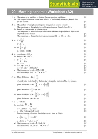 AS and A Level Physics Original material © Cambridge University Press 2010 1
20 Marking scheme: Worksheet (A2)
1 a The period of an oscillator is the time for one complete oscillation. [1]
b The frequency of an oscillator is the number of oscillations completed per unit time
(or per second). [1]
2 a The gradient of a displacement against time graph is equal to velocity. [1]
The magnitude of the velocity (speed) is a maximum at 0 s or 0.4 s or 0.8 s. [1]
b For s.h.m., acceleration ∝ –displacement.
The magnitude of the acceleration is maximum when the displacement is equal to the
amplitude of the motion. [1]
The magnitude of the acceleration is a maximum at 0.2 s or 0.6 s or 1.0 s. [1]
3 a T =
12
2
.
13
[1]
T = 1.1 s [1]
b f =
T
1
=
1
.
1
1
[1]
f = 0.909 ≈ 0.91 Hz [1]
4 a Amplitude = 0.10 m [1]
b Period = 4.0 × 10–2
s [1]
c f =
T
1
=
04
.
0
1
[1]
f = 25 Hz [1]
d ω = 2πf = 2π × 25 [1]
ω = 157 rad s–1
≈ 160 rad s–1
[1]
e Maximum speed = 10
.
0
157×
=
A
ω [1]
maximum speed = 15.7 m s−1
≈ 16 m s−1
[1]
5 a Phase difference = 2π × ⎟
⎠
⎞
⎜
⎝
⎛
T
t
where T is the period and t is the time lag between the motions of the two objects.
phase difference = 2π × ⎟
⎠
⎞
⎜
⎝
⎛
T
t
= 2π × ⎟
⎠
⎞
⎜
⎝
⎛
10
5
.
2
[1]
phase difference =
2
π
≈ 1.6 rad [1]
b Phase difference = 2π × ⎟
⎠
⎞
⎜
⎝
⎛
T
t
= 2π × ⎟
⎠
⎞
⎜
⎝
⎛
10
0
.
5
[1]
phase difference = π ≈ 3.1 rad [1]
6 a A = 16 cm [1]
b ω = 2πf =
T
π
2
=
2.8
π
2
[1]
ω = 2.24 rads–1
≈ 2.2 rads–1
[1]
c a = (2πf )2
x (magnitude only) [1]
For maximum acceleration, the displacement x must be 16 cm.
a = 2
2
10
16
8
.
2
1
π
2 −
×
×
⎟
⎠
⎞
⎜
⎝
⎛
× [1]
a = 0.806 m s–2
≈ 0.81 m s–2
[1]
d Maximum speed = 16
.
0
24
.
2 ×
=
A
ω [1]
maximum speed = 0.358 m s−1
≈ 0.36 m s−1
[1]
 