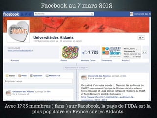 Facebook au 7 mars 2012




Avec 1723 membres ( fans ) sur Facebook, la page de l’UDA est la
           plus populaire en France sur les Aidants
 