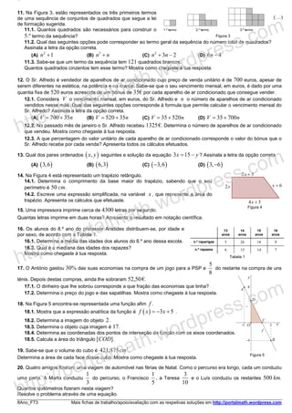 8Ano_FT3 Mais fichas de trabalho/apoio/avaliação com as respetivas soluções em http://portalmath.wordpress.com
11. Na Figura 3, estão representados os três primeiros termos
de uma sequência de conjuntos de quadrados que segue a lei
de formação sugerida.
11.1. Quantos quadrados são necessários para construir o
5.º termo da sequência?
11.2. Qual das seguintes opções pode corresponder ao termo geral da sequência do número total de quadrados?
Assinala a letra da opção correta.
(A)
2
1n + (B)
3
n n+ (C)
2
3 2n n+ − (D) 6 4n −
11.3. Sabe-se que um termo da sequência tem 121 quadrados brancos.
Quantos quadrados cinzentos tem esse termo? Mostra como chegaste à tua resposta.
12. O Sr. Alfredo é vendedor de aparelhos de ar condicionado cujo preço de venda unitário é de 700 euros, apesar de
serem diferentes na estética, na potência e na marca. Sabe-se que o seu vencimento mensal, em euros, é dado por uma
quantia fixa de 520 euros acrescida de um bónus de 35€ por cada aparelho de ar condicionado que consegue vender.
12.1. Considera V o vencimento mensal, em euros, do Sr. Alfredo e n o número de aparelhos de ar condicionado
vendidos nesse mês. Qual das seguintes opções corresponde à formula que permite calcular o vencimento mensal do
Sr. Alfredo? Assinala a letra da opção correta.
(A) 700 35V n= + (B) 520 35V n= + (C) 35 520V n= + (D) 35 700V n= +
12.2. No passado mês de janeiro o Sr. Alfredo recebeu 1325€. Determina o número de aparelhos de ar condicionado
que vendeu. Mostra como chegaste à tua resposta.
12.3. A que percentagem do valor unitário de cada aparelho de ar condicionado corresponde o valor do bónus que o
Sr. Alfredo recebe por cada venda? Apresenta todos os cálculos efetuados.
13. Qual dos pares ordenados ( ),x y seguintes e solução da equação 3 15x y= − ? Assinala a letra da opção correta.
(A) ( )3,6 (B) ( )6,3 (C) ( )3,6− (D) ( )3, 6−
14. Na Figura 4 está representado um trapézio retângulo.
14.1. Determina o comprimento da base maior do trapézio, sabendo que o seu
perímetro é 50 cm.
14.2. Escreve uma expressão simplificada, na variável x , que represente a área do
trapézio. Apresenta os cálculos que efetuaste.
15. Uma impressora imprime cerca de 4300 letras por segundo.
Quantas letras imprime em duas horas? Apresenta o resultado em notação científica.
16. Os alunos do 8.º ano do professor Aristides distribuem-se, por idade e
por sexo, de acordo com a Tabela 1.
16.1. Determina a média das idades dos alunos do 8.º ano dessa escola.
16.2. Qual é a mediana das idades dos rapazes?
Mostra como chegaste à tua resposta.
17. O António gastou 30% das suas economias na compra de um jogo para a PSP e
5
8
do restante na compra de uns
ténis. Depois destas compras, ainda lhe sobraram 52,50€.
17.1. O dinheiro que lhe sobrou corresponde a que fração das economias que tinha?
17.2. Determina o preço do jogo e das sapatilhas. Mostra como chegaste à tua resposta.
18. Na Figura 5 encontra-se representada uma função afim f .
18.1. Mostra que a expressão analítica da função é ( ) 3 5f x x= − + .
18.2. Determina a imagem do objeto 2 .
18.3. Determina o objeto cuja imagem é 17.
18.4. Determina as coordenadas dos pontos de interseção da função com os eixos coordenados.
18.5. Calcula a área do triângulo [COD].
19. Sabe-se que o volume do cubo é
3
421,875cm .
Determina a área de cada face desse cubo. Mostra como chegaste à tua resposta.
20. Quatro amigos fizeram uma viagem de automóvel nas férias de Natal. Como o percurso era longo, cada um conduziu
uma parte. A Marta conduziu
1
3
do percurso, o Francisco
1
5
, a Teresa
3
10
e o Luís conduziu os restantes 500 km.
Quantos quilómetros fizeram nesta viagem?
Resolve o problema através de uma equação.
4 3x +
2 5x +
6x +2x
Figura 4
Figura 3
13
anos
14
anos
15
anos
16
anos
n.º raparigas 5 26 18 9
n.º rapazes 6 15 14 7
Tabela 1
Figura 5
http://portalmath.wordpress.com
http://portalmath.wordpress.com
http://portalmath.wordpress.com
 