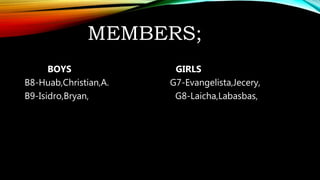 MEMBERS;
BOYS GIRLS
B8-Huab,Christian,A. G7-Evangelista,Jecery,
B9-Isidro,Bryan, G8-Laicha,Labasbas,
 