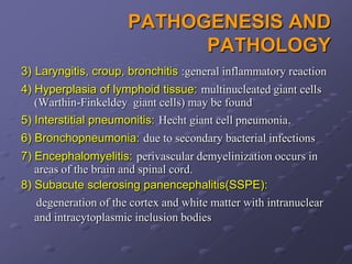 PATHOGENESIS AND
                            PATHOLOGY
3) Laryngitis, croup, bronchitis :general inflammatory reaction
4) Hyperplasia of lymphoid tissue: multinucleated giant cells
   (Warthin-Finkeldey giant cells) may be found
5) Interstitial pneumonitis: Hecht giant cell pneumonia.
6) Bronchopneumonia: due to secondary bacterial infections
7) Encephalomyelitis: perivascular demyelinization occurs in
   areas of the brain and spinal cord.
8) Subacute sclerosing panencephalitis(SSPE):
   degeneration of the cortex and white matter with intranuclear
   and intracytoplasmic inclusion bodies
 