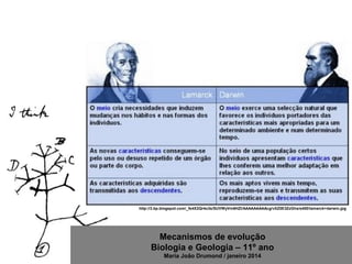 Mecanismos de evolução
Biologia e Geologia – 11º ano
Maria João Drumond / janeiro 2014
http://3.bp.blogspot.com/_fs4X2Qr4o3s/SUVWyVm6HZI/AAAAAAAAAcg/vXZ0E3ZzGhs/s400/lamarck+darwin.jpg
 