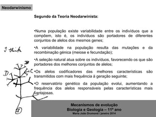 Mecanismos de evolução
Biologia e Geologia – 11º ano
Maria João Drumond / janeiro 2014
Neodarwinismo
Segundo da Teoria Neodarwinista:
•Numa população existe variabilidade entre os indivíduos que a
compõem, isto é, os indivíduos são portadores de diferentes
conjuntos de alelos dos mesmos genes;
•A variabilidade na população resulta das mutações e da
recombinação génica (meiose e fecundação);
•A seleção natural atua sobre os indivíduos, favorecendo os que são
portadores dos melhores conjuntos de alelos;
•Os alelos codificadores das melhores características são
transmitidos com mais frequência à geração seguinte;
•O reservatório genético da população evolui, aumentando a
frequência dos alelos responsáveis pelas características mais
vantajosas.
 