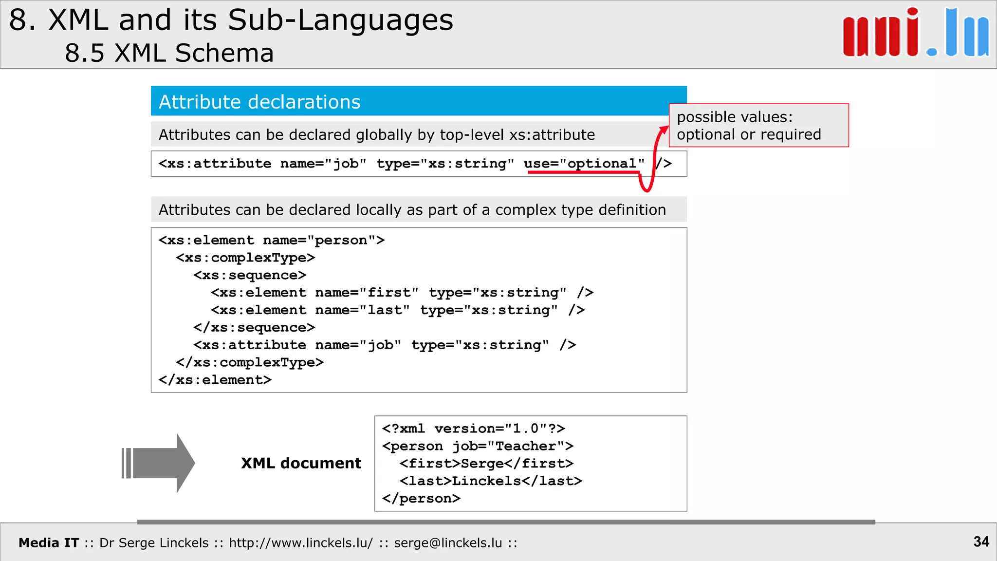 Media IT :: Dr Serge Linckels :: http://www.linckels.lu/ :: serge@linckels.lu ::
8. XML and its Sub-Languages
8.5 XML Schema
34
<xs:element name="person">
<xs:complexType>
<xs:sequence>
<xs:element name="first" type="xs:string" />
<xs:element name="last" type="xs:string" />
</xs:sequence>
<xs:attribute name="job" type="xs:string" />
</xs:complexType>
</xs:element>
Attribute declarations
Attributes can be declared globally by top-level xs:attribute
<xs:attribute name="job" type="xs:string" use="optional" />
Attributes can be declared locally as part of a complex type definition
<?xml version="1.0"?>
<person job="Teacher">
<first>Serge</first>
<last>Linckels</last>
</person>
possible values:
optional or required
XML document
 