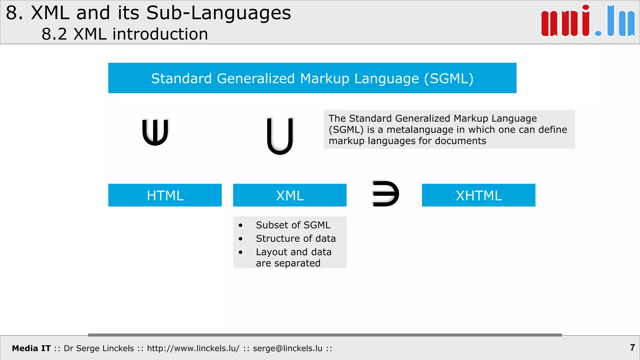 Media IT :: Dr Serge Linckels :: http://www.linckels.lu/ :: serge@linckels.lu ::
8. XML and its Sub-Languages
7
Standard Generalized Markup Language (SGML)
The Standard Generalized Markup Language
(SGML) is a metalanguage in which one can define
markup languages for documents
HTML XML


 XHTML
• Subset of SGML
• Structure of data
• Layout and data
are separated
8.2 XML introduction
 