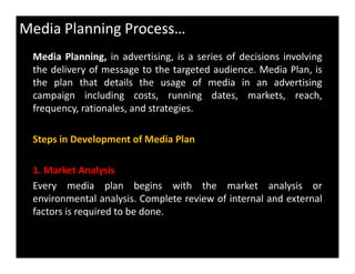 Media Planning Process…
Media Planning, in advertising, is a series of decisions involving
the delivery of message to the targeted audience. Media Plan, is
the plan that details the usage of media in an advertising
campaign including costs, running dates, markets, reach,
frequency, rationales, and strategies.
Steps in Development of Media PlanSteps in Development of Media Plan
1. Market Analysis
Every media plan begins with the market analysis or
environmental analysis. Complete review of internal and external
factors is required to be done.
 