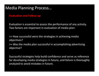 Evaluation and Follow-up
Evaluation is essential to assess the performance of any activity.
Two factors are important in evaluation of media plan:
>> How successful were the strategies in achieving media
Media Planning Process…
objectives?
>> Was the media plan successful in accomplishing advertising
objective?
Successful strategies help build confidence and serve as reference
for developing media strategies in future, and failure is thoroughly
analyzed to avoid mistakes in future.
 