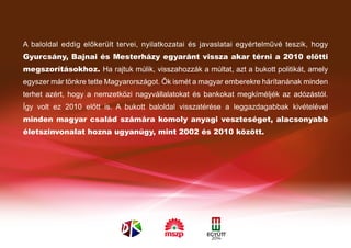 A baloldal eddig előkerült tervei, nyilatkozatai és javaslatai egyértelművé teszik, hogy
Gyurcsány, Bajnai és Mesterházy egyaránt vissza akar térni a 2010 előtti
megszorításokhoz. Ha rajtuk múlik, visszahozzák a múltat, azt a bukott politikát, amely
egyszer már tönkre tette Magyarországot. Ők ismét a magyar emberekre hárítanának minden
terhet azért, hogy a nemzetközi nagyvállalatokat és bankokat megkíméljék az adózástól.
Így volt ez 2010 előtt is. A bukott baloldal visszatérése a leggazdagabbak kivételével
minden magyar család számára komoly anyagi veszteséget, alacsonyabb
életszínvonalat hozna ugyanúgy, mint 2002 és 2010 között.
 