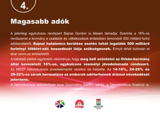 4.
Magasabb adók
A jelenlegi egykulcsos rendszert Bajnai Gordon is élesen támadja. Szerinte a 16%-os
rendszerrel a kormány a családok és vállalkozások érdekében lemondott 500 milliárd forint
adóbevételről. Bajnai hatalomra kerülése esetén tehát legalább 500 milliárd
forintnyi többlet-adó beszedését látja szükségesnek. Ennyit tehát biztosan el
akar venni az emberektől.
A baloldali pártok egyöntetű véleménye, hogy meg kell szüntetni az Orbán-kormány
által bevezetett 16%-os, egykulcsos személyi jövedelemadó rendszert.
Az MSZP háromkulcsos jövedelemadót vezetne be helyette. Az 14-16%, 24-26% és
29-32%-os sávok bevezetése az emberek adóterheinek drámai növekedését
jelentené.
A háromkulcsos adórendszer híve Gyurcsány Ferenc pártja, a Demokratikus Koalíció is.
 