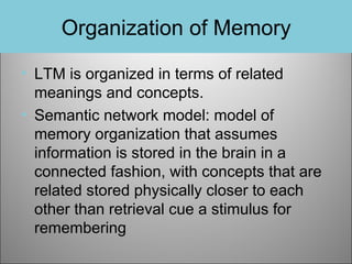 Organization of Memory
• LTM is organized in terms of related
meanings and concepts.
• Semantic network model: model of
memory organization that assumes
information is stored in the brain in a
connected fashion, with concepts that are
related stored physically closer to each
other than retrieval cue a stimulus for
remembering

 