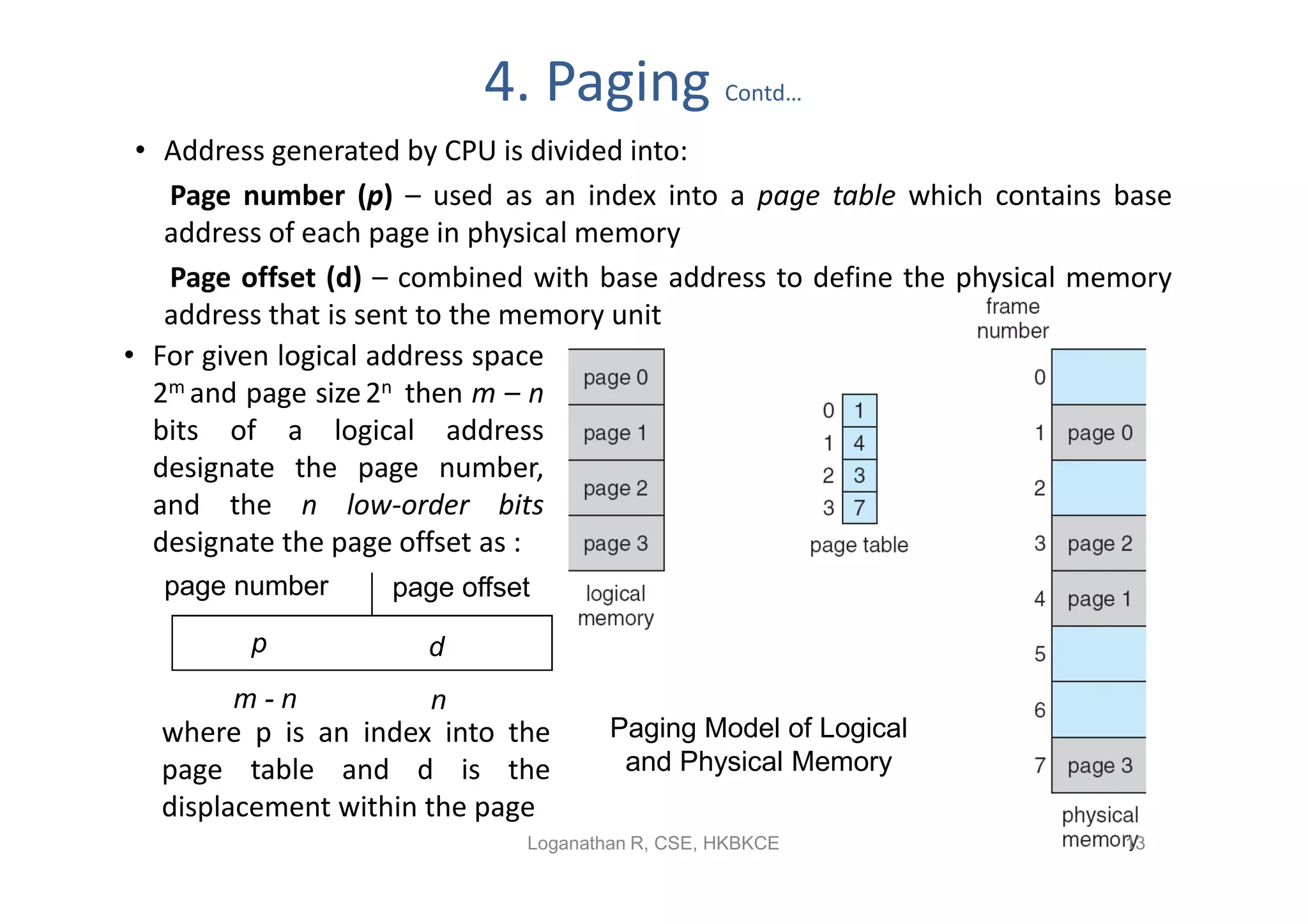 4. Paging             Contd…

 • Address generated by CPU is divided into:
   Page number (p) – used as an index into a page table which contains base
   address of each page in physical memory
   Page offset (d) – combined with base address to define the physical memory
   address that is sent to the memory unit
• For given logical address space
  2m and page size 2n then m – n
  bits of a logical address
  designate the page number,
  and the n low-order bits
  designate the page offset as :
  page number      page offset
         p            d
        m-n           n
  where p is an index into the       Paging Model of Logical
  page table and d is the             and Physical Memory
  displacement within the page
                             Loganathan R, CSE, HKBKCE                   13
 
