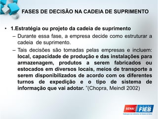 FASES DE DECISÃO NA CADEIA DE SUPRIMENTO
• 1.Estratégia ou projeto da cadeia de suprimento
– Durante essa fase, a empresa decide como estruturar a
cadeia de suprimento.
– Tais decisões são tomadas pelas empresas e incluem:
local, capacidade de produção e das instalações para
armazenagem, produtos a serem fabricados ou
estocados em diversos locais, meios de transporte a
serem disponibilizados de acordo com os diferentes
turnos de expedição e o tipo de sistema de
informação que vai adotar. ”(Chopra, Meindl 2002)
 