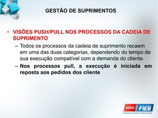 GESTÃO DE SUPRIMENTOS
• VISÕES PUSH/PULL NOS PROCESSOS DA CADEIA DE
SUPRIMENTO
– Todos os processos da cadeia de suprimento recaem
em uma das duas categorias, dependendo do tempo de
sua execução compatível com a demanda do cliente.
– Nos processos pull, a execução é iniciada em
reposta aos pedidos dos cliente
 