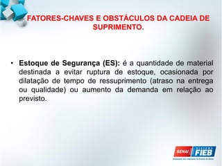 FATORES-CHAVES E OBSTÁCULOS DA CADEIA DE
SUPRIMENTO.
• Estoque de Segurança (ES): é a quantidade de material
destinada a evitar ruptura de estoque, ocasionada por
dilatação de tempo de ressuprimento (atraso na entrega
ou qualidade) ou aumento da demanda em relação ao
previsto.
 