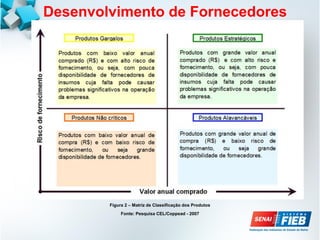 Desenvolvimento de Fornecedores
Figura 2 – Matriz de Classificação dos Produtos
Fonte: Pesquisa CEL/Coppead - 2007
 