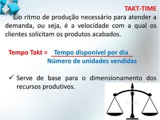 TAKT-TIME
É o ritmo de produção necessário para atender a
demanda, ou seja, é a velocidade com a qual os
clientes solicitam os produtos acabados.
Tempo Takt = Tempo disponível por dia
Número de unidades vendidas
 Serve de base para o dimensionamento dos
recursos produtivos.
 