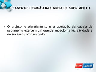 • O projeto, o planejamento e a operação da cadeia de
suprimento exercem um grande impacto na lucratividade e
no sucesso como um todo.
FASES DE DECISÃO NA CADEIA DE SUPRIMENTO
 
