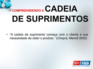 5
• “A cadeia de suprimento começa com o cliente e sua
necessidade de obter o produto. ”(Chopra, Meindl 2002)
COMPREENDENDO A CADEIA
DE SUPRIMENTOS
 
