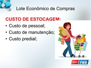 Lote Econômico de Compras
CUSTO DE ESTOCAGEM:
• Custo de pessoal;
• Custo de manutenção;
• Custo predial;
 