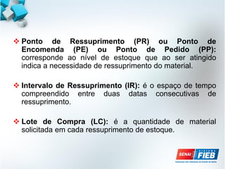  Ponto de Ressuprimento (PR) ou Ponto de
Encomenda (PE) ou Ponto de Pedido (PP):
corresponde ao nível de estoque que ao ser atingido
indica a necessidade de ressuprimento do material.
 Intervalo de Ressuprimento (IR): é o espaço de tempo
compreendido entre duas datas consecutivas de
ressuprimento.
 Lote de Compra (LC): é a quantidade de material
solicitada em cada ressuprimento de estoque.
 