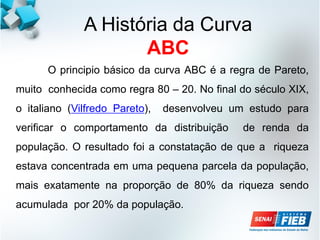 A História da Curva
ABC
O principio básico da curva ABC é a regra de Pareto,
muito conhecida como regra 80 – 20. No final do século XIX,
o italiano (Vilfredo Pareto), desenvolveu um estudo para
verificar o comportamento da distribuição de renda da
população. O resultado foi a constatação de que a riqueza
estava concentrada em uma pequena parcela da população,
mais exatamente na proporção de 80% da riqueza sendo
acumulada por 20% da população.
 