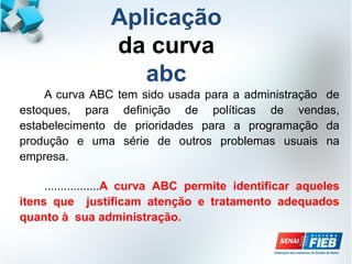 Aplicação
da curva
abc
A curva ABC tem sido usada para a administração de
estoques, para definição de políticas de vendas,
estabelecimento de prioridades para a programação da
produção e uma série de outros problemas usuais na
empresa.
.................A curva ABC permite identificar aqueles
itens que justificam atenção e tratamento adequados
quanto à sua administração.
 