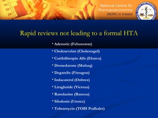 Rapid reviews not leading to a formal HTA
• Adenuric (Febuxostat)
• Cholesevelan (Cholestagel)
• Corifollitropin Alfa (Elonva)
• Dronedarone (Multaq)
• Degarelix (Fimagon)
• Indacaterol (Onbrez)
• Liraglutide (Victoza)
• Ranolazine (Ranexa)
• Silodosin (Urorec)
• Tobramycin (TOBI Podhaler)
 