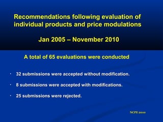 Recommendations following evaluation of
individual products and price modulations
Jan 2005 – November 2010
• 32 submissions were accepted without modification.32 submissions were accepted without modification.
• 8 submissions were accepted with modifications.8 submissions were accepted with modifications.
• 25 submissions were rejected.25 submissions were rejected.
NCPE 2010NCPE 2010
A total of 65 evaluations were conducted
 