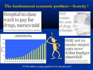 The fundamental economic problem – Scarcity !The fundamental economic problem – Scarcity !
Expenditure on medicines in Ireland
(Community Drugs Schemes 1991 - 2009)
0
500
1000
1500
2000
2500
1991
1992
1993
1994
1995
1996
1997
1998
1999
2000
2001
2002
2003
2004
2005
2006
2007
2008
2009
Millions(€)
?
“€ 746 million saving required in the Health area”
 