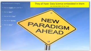 The world around is changing …
• How our health gets cared for ?
• How we learn ?
• How we fall in love ?
• How we do farming ?
• How we drive ?
They all have Data Science embedded in them
(an intimate fabric of our lives)
 