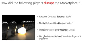 How did the following players disrupt the Marketplace ?
• Amazon Defeated Borders ( Books )
• Netflix Defeated Blockbuster ( Video )
• iTunes Defeated Tower records ( Music )
• Google defeated Yahoo ( Search ) – Page rank
algorithm
 
