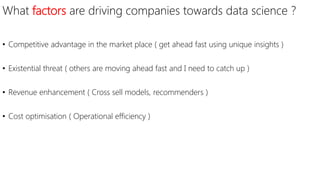 What factors are driving companies towards data science ?
• Competitive advantage in the market place ( get ahead fast using unique insights )
• Existential threat ( others are moving ahead fast and I need to catch up )
• Revenue enhancement ( Cross sell models, recommenders )
• Cost optimisation ( Operational efficiency )
 