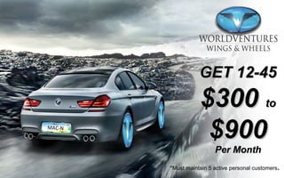 GET 12-45GET 12-45
$300$300 toto
$900$900
Per MonthPer Month
*Must maintain 5 active personal customers.
MAC-N
 