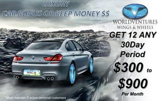 GET 12 ANYGET 12 ANY
30Day30Day
PeriodPeriod
$300$300 toto
$900$900
Per MonthPer Month
*Must maintain 5 active personal customers.
MAC-N
 