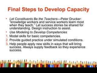 Final Steps to Develop Capacity
• Let Constituents Be the Teachers—Peter Drucker:
”knowledge workers and service workers l...