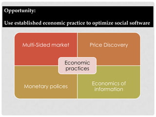 Opportunity:

Use established economic practice to optimize social software



       Multi-Sided market          Price Discovery


                         Economic
                         practices

                                     Economics of
        Monetary polices
                                      information
 