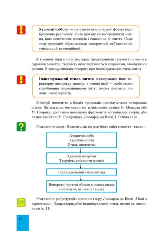 10
Художній образ — це властива мистецтву форма відо-
браження реальності крізь призму світосприйняття мит-
ця, його естетичних поглядів і ставлення до життя. Саме
тому художній образ завжди конкретний, суб’єктивний,
унікальний та емоційний.
У кожному виді мистецтва серед представників творчої спільноти є
справжні майстри, творчість яких вирізняється яскравими, самобутніми
рисами. У такому випадку говорять про індивідуальний стиль митця.
Індивідуальний стиль митця віддзеркалює його ха-
рактерну авторську манеру, в основі якої — особливості
сприймання навколишнього світу, творча фантазія, та-
лант і майстерність.
В історії мистецтва є безліч прикладів індивідуальних авторських
стилів. За кількома мотивами ми розпізнаємо музику В. Моцарта або
М. Скорика; достатньо невеликих фрагментів живописних творів, аби
визначити стиль Р. Рембрандта, Леонардо да Вінчі, І. Рєпіна та ін.
Розгляньте схему. Поясніть, як ви розумієте зміст поняття «стиль».
Історична доба
Художня епоха
Стиль мистецтва
Художні напрями
Творчість спільноти митців
Індивідуальний стиль митця
Конкретні чуттєві образи в різних видах
мистецтва, втілені у творах
Розгляньте репродукцію відомого твору Леонардо да Вінчі «Пані з
горностаєм». Охарактеризуйте індивідуальний стиль митця за питан-
нями (c. 11).
 