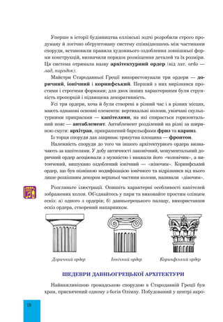 18
Уперше в історії будівництва еллінські зодчі розробили строго про-
думану й логічно обґрунтовану систему співвідношень між частинами
споруди, встановили правила художнього оздоблення зовнішньої фор-
ми конструкцій, визначили порядок розміщення деталей та їх розміри.
Ця система отримала назву архітектурний ордер (від лат. ordo —
лад, порядок).
Майстри Стародавньої Греції використовували три ордери — до-
ричний, іонічний і коринфський. Перший з них вирізнявся про-
стими і строгими формами; для двох інших характерними були струн-
кість пропорцій і підвищена декоративність.
Усі три ордери, хоча й були створені в різний час і в різних місцях,
мають однакові основні елементи: вертикальні колони, увінчані скульп­
турними прикрасами — капітелями, на які спирається горизонталь-
ний пояс — антаблемент. Антаблемент розділений на різні за шири-
ною смуги: архітрав, прикрашений барельєфами фриз та карниз.
Із торця споруди дах закриває трикутна площина — фронтон.
Належність споруди до того чи іншого архітектурного ордера визна-
чають за капітелями. У добу античності лаконічний, монументальний до-
ричний ордер асоціювали з мужністю і вважали його «чоловічим», а ви-
тончений, вишукано оздоблений іонічний — «жіночим». Коринфський
ордер, що був пізнішою модифікацією іонічного та відрізнявся від нього
лише розкішним декором верхньої частини колони, називали «дівочим».
Розгляньте ілюстрації. Опишіть характерні особливості капітелей
зображених колон. Об’єднайтесь у пари та виконайте простим олівцем
ескіз: а) одного з ордерів; б) давньогрецького палацу, використавши
ескіз ордера, створений напарником.
Доричний ордер 	 Іонічний ордер 	 Коринфський ордер
Шедеври давньогрецької архітектури
Найважливішою громадською спорудою в Стародавній Греції був
храм, присвячений одному з богів Олімпу. Побудований у центрі акро-
♫
 