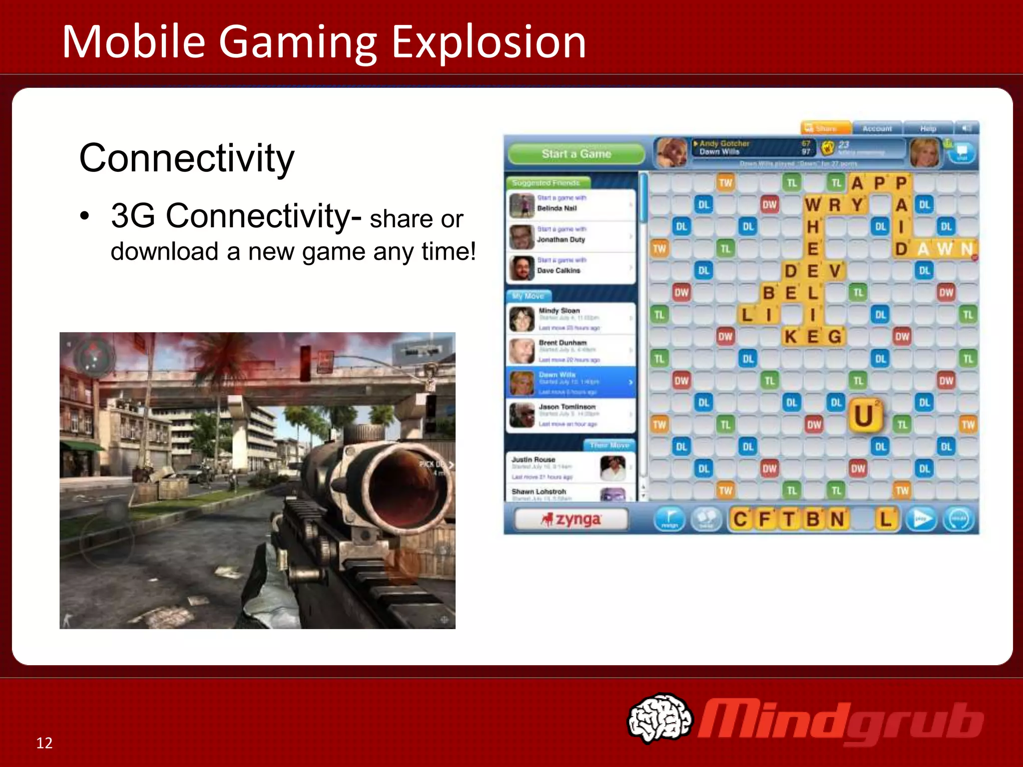 Mobile Gaming Explosion

     Connectivity
     • 3G Connectivity- share or
       download a new game any time!




12
 