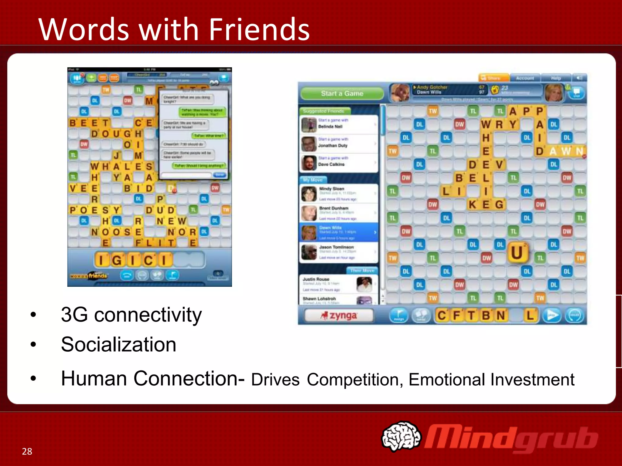 Words with Friends
     Where’s My Water




 •    3G connectivity
 •    Socialization
 •    Human Connection- Drives Competition, Emotional Investment


28
 