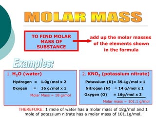 TO FIND MOLAR
MASS OF
SUBSTANCE
add up the molar masses
of the elements shown
in the formula
1. H2O (water)
Hydrogen = 1.0g/mol x 2
Oxygen = 16 g/mol x 1
Molar Mass = 18 g/mol
2. KNO3 (potassium nitrate)
Potassium (K)= 39.1g/mol x 1
Nitrogen (N) = 14 g/mol x 1
Oxygen (O) = 16g/mol x 3
Molar mass = 101.1 g/mol
THEREFORE: 1 mole of water has a molar mass of 18g/mol and 1
mole of potassium nitrate has a molar mass of 101.1g/mol.
 
