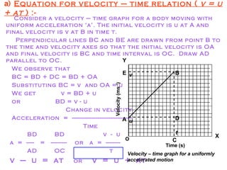 a) Equation for velocity – time relation ( v = u
+ at ) :-
Consider a velocity – time graph for a body moving with
uniform acceleration ‘a’. The initial velocity is u at A and
final velocity is v at B in time t.
Perpendicular lines BC and BE are drawn from point B to
the time and velocity axes so that the initial velocity is OA
and final velocity is BC and time interval is OC. Draw AD
parallel to OC.
We observe that
BC = BD + DC = BD + OA
Substituting BC = v and OA = u
We get v = BD + u
or BD = v - u
Change in velocity
Acceleration = -------------------------------------
Time
BD BD v - u
a = ----- = ---------- or a = ---------
AD OC t
v – u = at or v = u + at
Time (s)
Velocity(ms-1
)
XO
Velocity – time graph for a uniformly
accelerated motion
Y
t
u
v
A
B
C
D
E
 