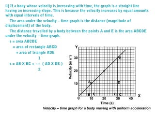 ii) If a body whose velocity is increasing with time, the graph is a straight line
having an increasing slope. This is because the velocity increases by equal amounts
with equal intervals of time.
The area under the velocity – time graph is the distance (magnitude of
displacement) of the body.
The distance travelled by a body between the points A and E is the area ABCDE
under the velocity – time graph.
s = area ABCDE
= area of rectangle ABCD
+ area of triangle ADE
1
s = AB X BC + --- ( AD X DE )
2
A
B
10
20
30
t1 t2 C
Time (s)
Velocity(ms-1
)
X
Y
10 20 30 40
Velocity – time graph for a body moving with uniform acceleration
D
E
0
 